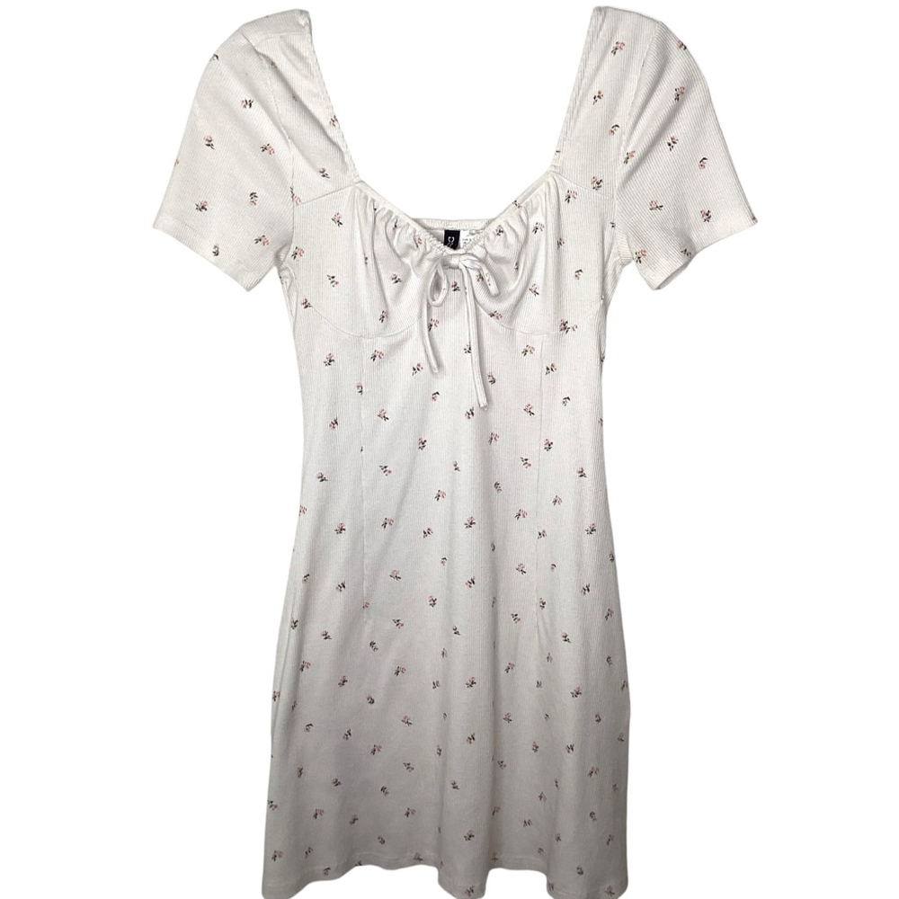 H&M Divided Dress Sz S White Mini Milkmaid Babydoll Y2K Floral Stretchy Coquette